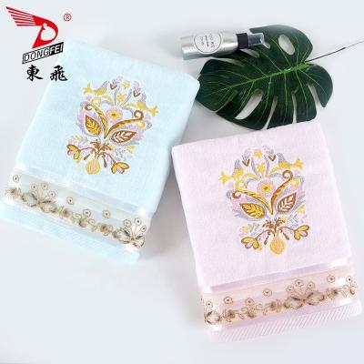 China Beautiful Disposable Fashion Butterfly Flower Embroidery Velvet Bath Towel Light Color for sale