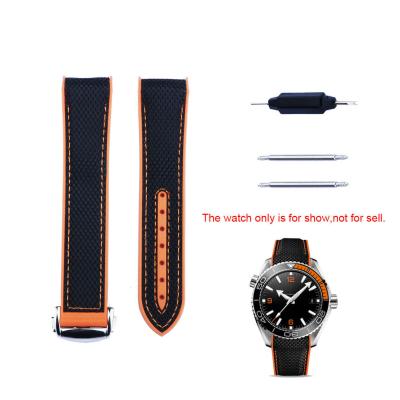 China 20mm Curved End Black Canvas Rubber Orange Rubber Watch Band With Silver Polish Clasp For Omega Seamaster for sale