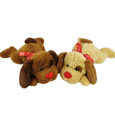 China Valentine Gifts Plush Dog Cuddly Pillow Brown Lying Soft Stuffed Dog With Ribbon For Valentines Gift for sale