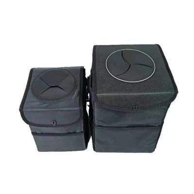 China Brief & Single Color Car Trash Bag Can With Lid Handle With Collapsible Storage Pockets And Portable Car Trash Can for sale