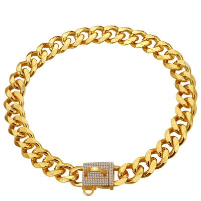 China 19MM Dog Gold Chain Collar Stainless Steel Heavy Duty Stocked Strong Coating with 18K Gold and Shiny CZ Diamond Cuba Link Chain for sale