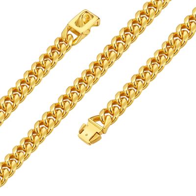 China Wholesale Stocked Gold Dog Collar Stainless Steel Cuban Link Heavy Duty Dog Collar Chain 16 Inch Length for sale