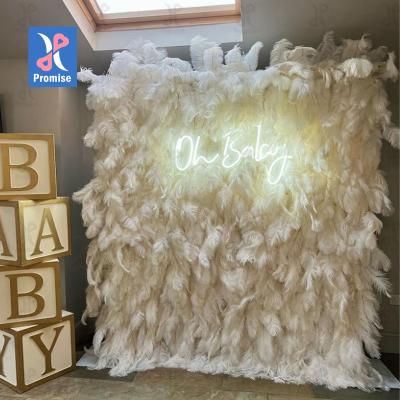 China Natural Cheapest Wholesale Promise Flower Backdrop Wall Wedding Decor Light Pink Touch Feather Wall for sale