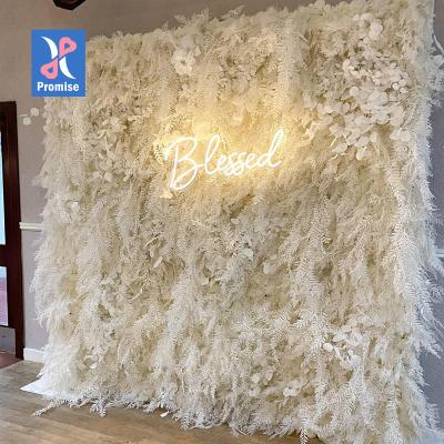 China Natural Touch Promise 3d Decor Cheap Decorative Wedding White Pink Rose Artificial Silk Roll Up Pampas Grass Flower Wall Panel Backdrop for sale