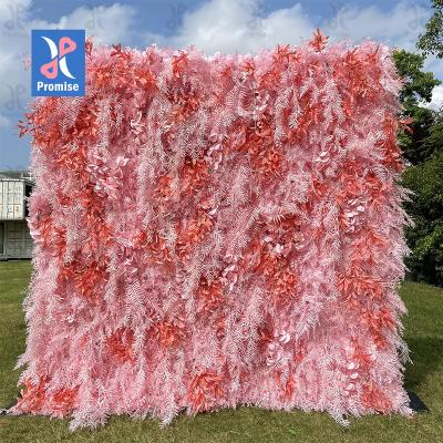 China Custom Made Natural Touch Promise 3D Fabric Wrap Artificial Silk Wedding Decor Flower W Pampas Rose Flowers Wall Backdrop Panel for sale