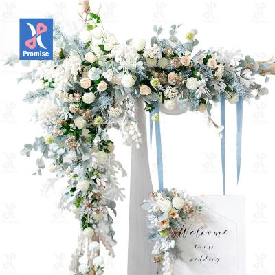 China Touch Promise Hot Selling Natural White Color And Green Silk Rose Runner Flower For Wedding Flower Table Runner Decoration for sale