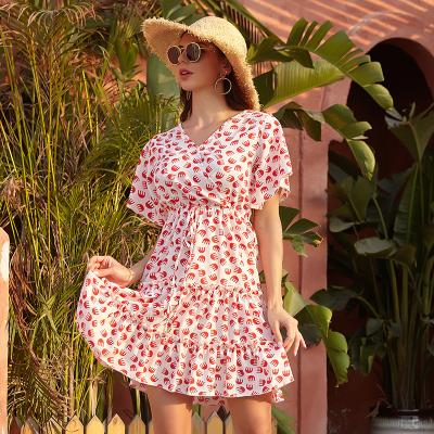 China Vestidos Anti-Static Loose Clothing Plus Size Dress Women Summer Holiday Floral Chiffon Squishy Ruffled Floral Dress for sale