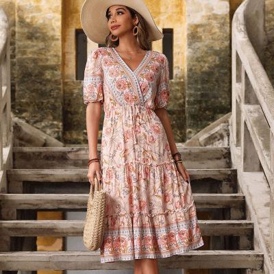 China Fashion Casual Polynesian Beach Summer Anti-Static Bohemian Dresses Girls Floral Printed Women's Clothing Slip Elegant Boho Dress for sale