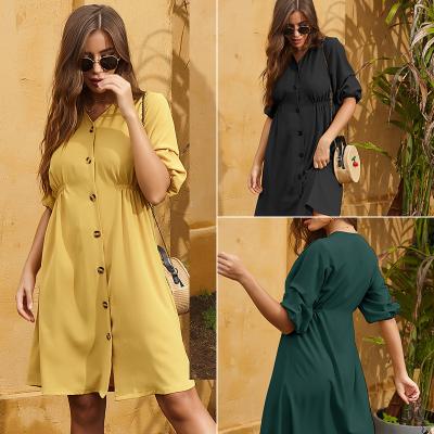 China 2020 Hot Selling Summer Design Short Sleeve Dresses Women's Anti-Static Solid Lady Fashion Elegant Casual Dress for sale