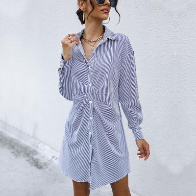 China Latest Turn-Down Slim Collar Anti-Static Long Sleeve Striped Shirt Dresses Women Casual Wear for sale