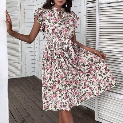 China Anti-static Flare Sleeve Dress Women Summer Dresses 2022 Floral Pleated Dress With Belt for sale