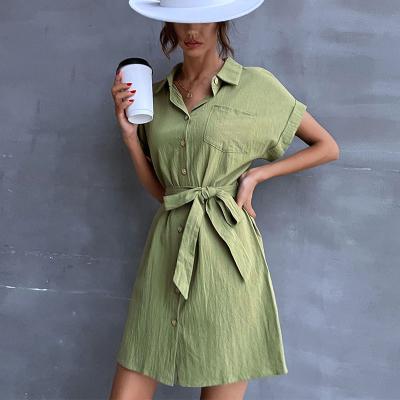 China Anti-Static Casual Dress Canvas Ladies Short Sleeve Summer Solid Color Canvas Shirt Dress With Belt for sale