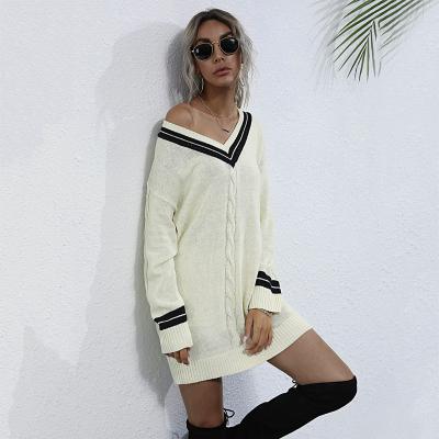 China Anti-wrinkle Mini Sweater Dress Cute Elegant V-Neck Sweater Knitting Beige Sweater Dresses Winter for sale