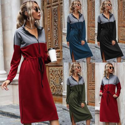 China Red Winter Anti-static Korean Patchwork Dress Dress Casual Dress Women Long Elegant for sale