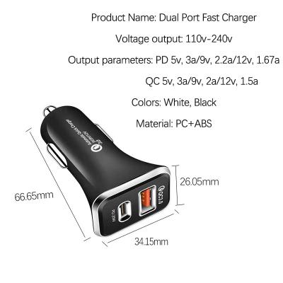 China PD+QC3.0 new type fast charging car instruments 2021 USB ports car charger QC3.0 chargers for sale