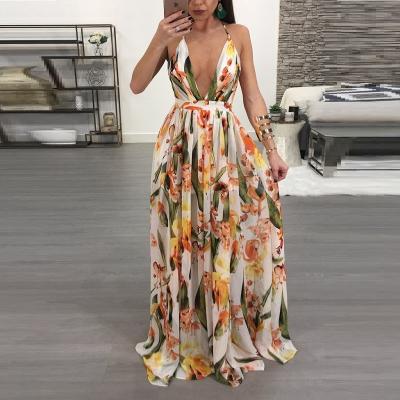 China 2021 Summer Anti-Static Fashion Women Deep V-Neck Ruffle Back Camisoles Long Maxi Dresses Floral Print Tie Dress Sexy Beach Chiffon Squishy Dress for sale