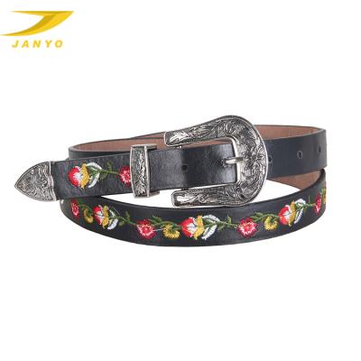 China JANYO retro fashion flower embroidery cheap high quality leather belt for women for sale