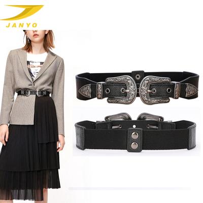 China New Vintage Style Vintage Double Buckle Funky Stylish Elegant Designers PU Lady Leather Belt for sale