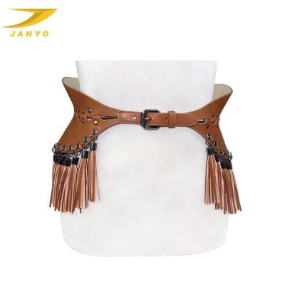 China Custom Wide Waist Belt Ladies Eco-Friendly Elegant Brown Tassel Studded Belt for sale