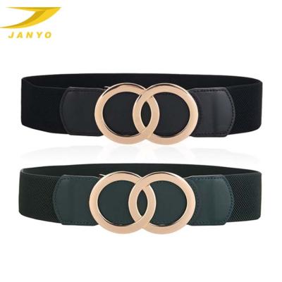 China Amazon Hot Sale Fashion Gold Double O-ring Buckle Stretch Wide Elastic Women Leather Waist Belts for sale