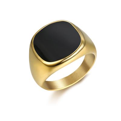 China High Quality Black Enamel Ring Mens Jewelry Hiphop Anillo Fashion Custom Gold Plated Stainless Steel Seal Ring for sale