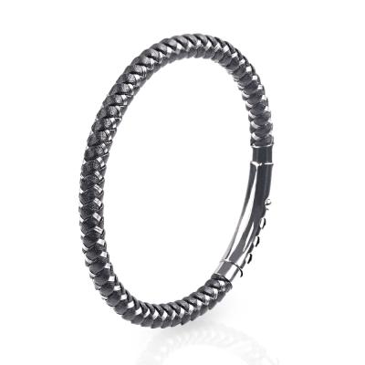 China Steel Wire Rope Stainless Steel Bracelet Punk Genuine Leather Adjustable Bracelet for sale