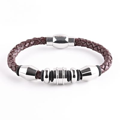 China Stainless Steel Clasp Punk Magnetic Bracelet Braided Rope Leather Bracelets With Charm for sale