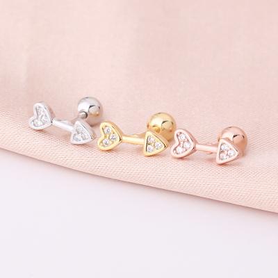 China Trendy Wholesale Fashion Jewelry Gold Plated Tiny Ear Cartilage Piercing Tiny Edge 925 Sterling Silver Heart Stud Earrings for sale