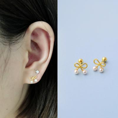 China 925 Sterling Silver Ear Piercing Gold Cute Bowknot Pearl Stud Earrings for sale