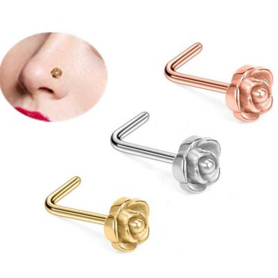 China FASHIONABLE Hot Selling Body Piercing Charm Rose Flower L Shape Nose Stud Ring for sale