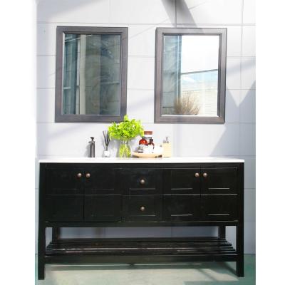 China Traditional Double Bowl Vanity 60 Inch Bathroom Open Shelf In Black for sale