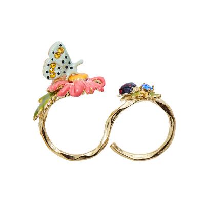 China Elegance Fashion CLASSIC French Gold Plated Enamel Pink Flower Daisy Butterfly Ladybug Two Finger Open Adjustable Ring Jewelry for sale