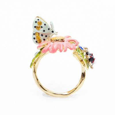 China Fashion CLASSIC cheap high quality 18k gold plated jewelry pink enamel daisy flower butterfly ladybug opening adjustable ring for women for sale