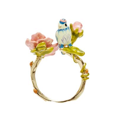 China Fashion CLASSIC high quality gold plated jewelry wholesale and retail enamel bird blue rose rose bud opening adjustable ring for women for sale