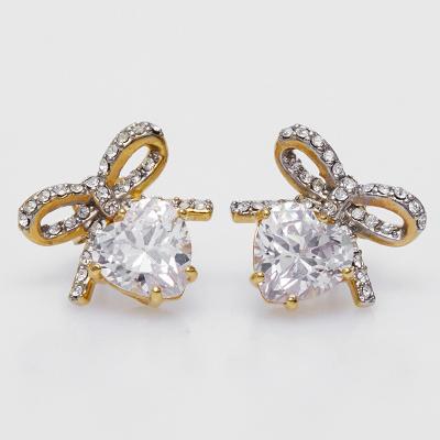 China TRENDY Fashion Jewelry 18k Gold Plated Sweet Bow Custom Heart Shaped Diamond Crystal Snap Earrings For Girlfriend Gift for sale