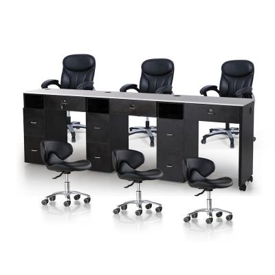 China Cheap Modern Luxury Multi Spa Nail Salon Furniture Beauty Storage Station Black Triple Manicure Table With Wheels for sale