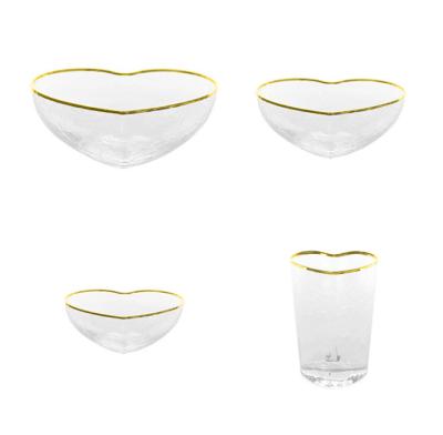 China Viable Custom Logo Glass Bowl Fruit Salad Bowls Gold Inlaid Bowl Heart Shape Style With Gold Rim for sale