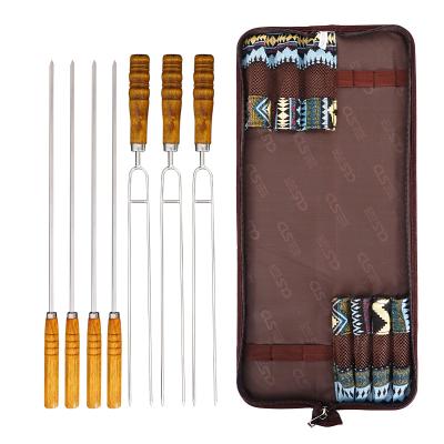 China OEM Easily Cleaned Wholesale Kitchenware Tools BBQ Sticks Stainless Steel Handle 7PCS Korean Wooden Grill BBQ Skewer for sale