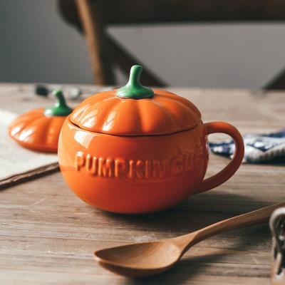 China Viable Wholesale Cup Pumpkin Ceramic Breakfast Oatmeal Milk Cup With Lid Large Capacity Cartoon Cute House Special for sale