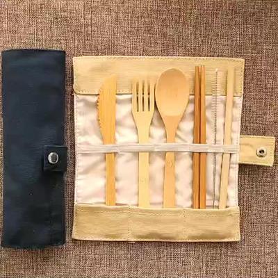 China 6 Pieces Viable Traditional Style Knife Fork Chinese Bamboo Chopsticks Spoon Straw Bag Set Custom Logo Travel Portable Tableware Suit for sale