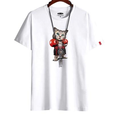 China 2021 Anti-wrinkle Printed Custom Logo White 100% Cotton T-shirt Men Short Sleeves Casual With Boxing Cat Image for sale