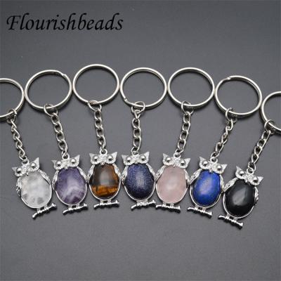 China Color Can Remain Long Time Wholesale Rhodium Plated Natural Crystal Amethyst Onyx Sodalite Tiger Eye Gemstone Blue Sandstone Rose Quartz Owl Keychain for sale