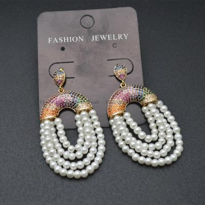 China Beautiful Various Color TRENDY CZ Beads Paved Rainbow Shape White Shell Beads Dangle Hoop Earring Fashion Party Jewelry Gift for sale