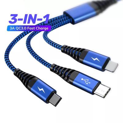 China Fast Charging Mobile Phone AN24 1M 3A 3 IN 1 Nylon Braided Type C Data Mirco USB Cable for sale