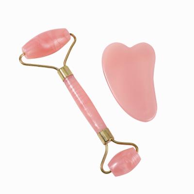 China Wholesale Hot Selling Face OEM Private Label Metal Welded Natural Rose Quartz Pink Jade Roller For Face for sale