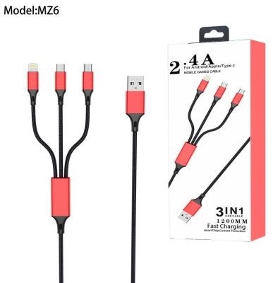 China Type C Mobile Phone Fast Charging Cable 3 In 1 USB 2A Nylon Braided Multiple Charging Cable 1.2M for sale