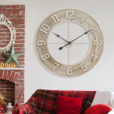 China OJC Antique Style 24 Inch Wood And Metal Large Wall Clock With Silent 3D Numerals Clock Movement Farmhouse Style For Living Room for sale