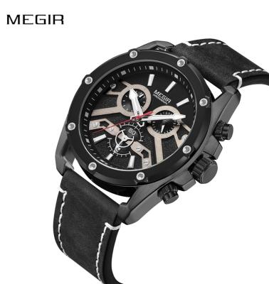 China Brand New Megir Low MOQ Hot Selling Black Watches Chronograph Watches Wholesale Leather Strap 2120 Wrist Watch for sale