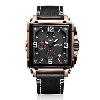 China Hot Sale Megir 2061 Chronograph Wristwatch Quality Leather Band Watches Men Square Wristwatch Chronograph Watch for sale