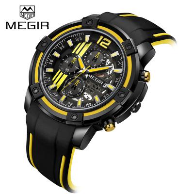 China 2097 Outdoor Genuine Leather Band 3 Dials Stopwatch Calendar Watch MEGIR Chronograph Quartz Brand New Watch for sale